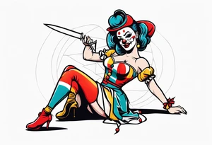 full body female pin up clown holding knife tattoo idea