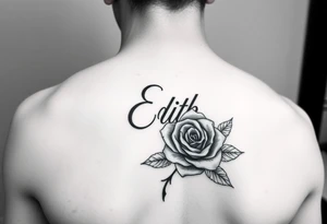 Edith tattoo with a cursive e with a rose half-sleeve tattoo idea