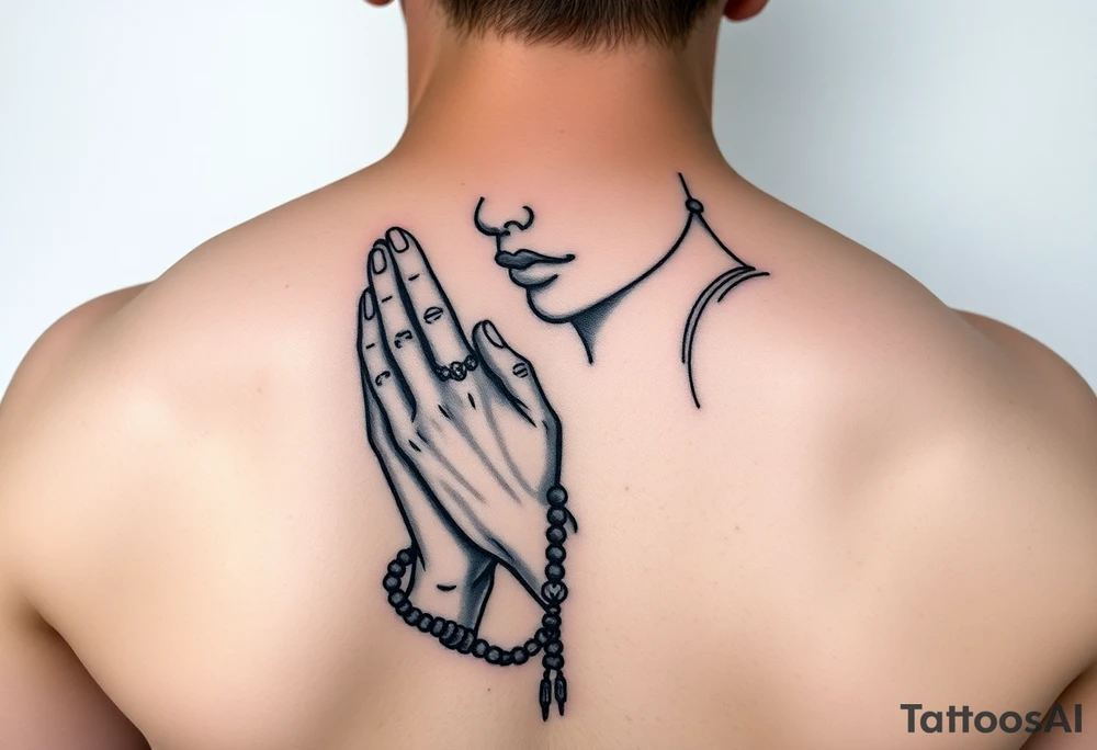 Chicano style woman with praying hands and rosary in hands tattoo idea