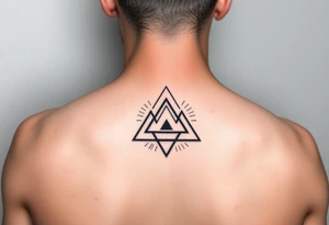 Geometric small triangle with different lives merge together while being psychedelic with fine thin lines tattoo idea