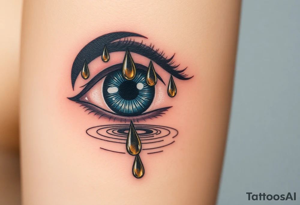 Teary eye with A collection of teardrops falling down into a still pool, with soft ripples in golden and silver hues, symbolizing how tears spread healing. tattoo idea