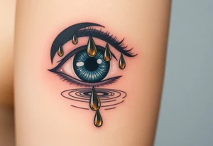 Teary eye with A collection of teardrops falling down into a still pool, with soft ripples in golden and silver hues, symbolizing how tears spread healing. tattoo idea