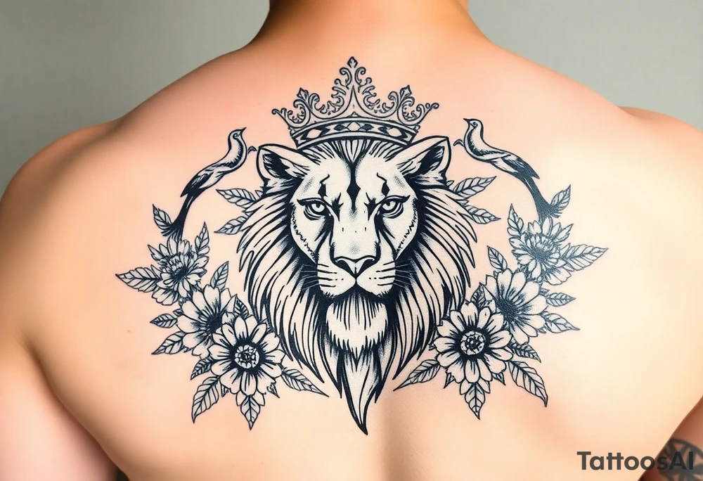powerful majestic lion with a crown, surrounded by floral ornaments and birds tattoo idea