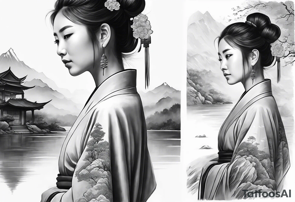 forearm sleeve traditional chinese art painting style autumn mountains mist fog water Chinese temple female with pony tail wearing robes meditating tattoo idea