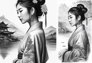 forearm sleeve traditional chinese art painting style autumn mountains mist fog water Chinese temple female with pony tail wearing robes meditating tattoo idea