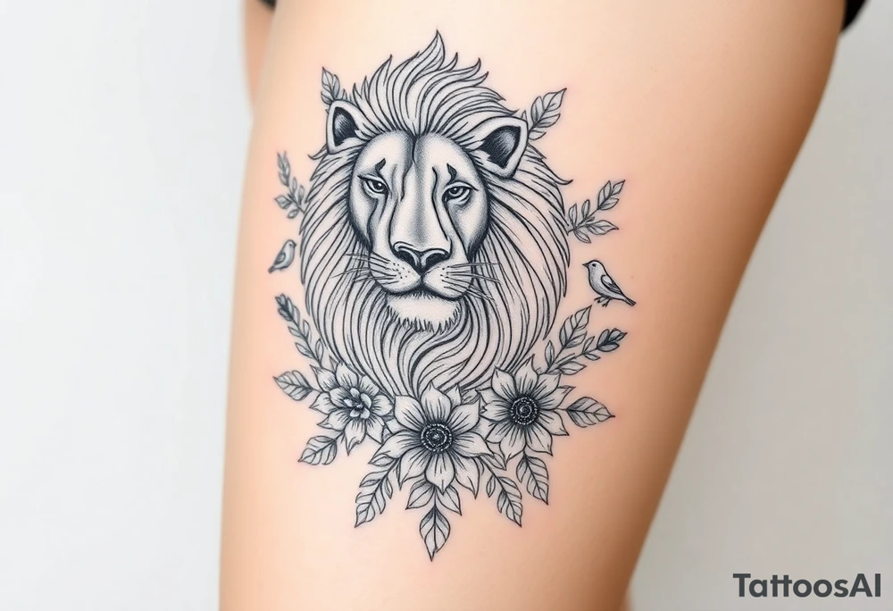 powerful majestic lion with a crown, surrounded by floral ornaments and birds tattoo idea