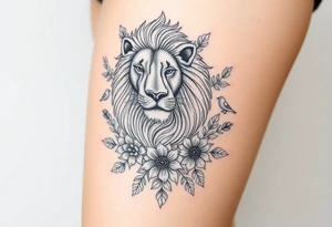 powerful majestic lion with a crown, surrounded by floral ornaments and birds tattoo idea