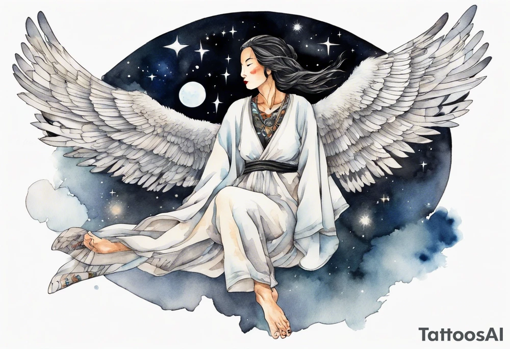 a beautiful 55 year old Dakota woman wearing a tunic, flying in the night sky with black wings, bare feet tattoo idea