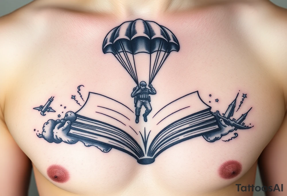 A parachuting soldier falling into an open book. Chaos surrounding, but the book is protecting the soldier from it. On the chest. Make the tattoo smaller. Make it thought provoking. Make the chaos in the environment be an eerie mist. Make the pages in the book be blank. Just one soldier, no other characters. the book is old. tattoo idea