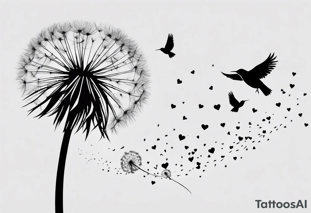 Dandelion with its ligules blowing away, a few legs are tiny hearts, the girls turn into a little bird, flying away to its future tattoo idea