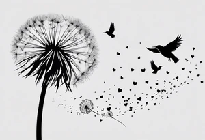 Dandelion with its ligules blowing away, a few legs are tiny hearts, the girls turn into a little bird, flying away to its future tattoo idea