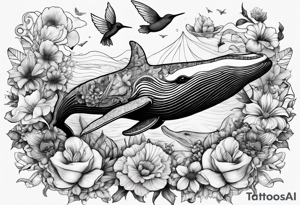 flowers, collage, whale and hummingbird tattoo idea