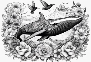 flowers, collage, whale and hummingbird tattoo idea