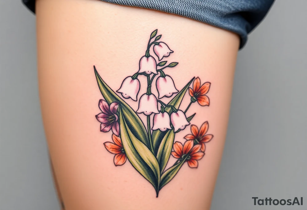 White lily in the valley bells with other different colored lilies surrounding tattoo idea