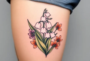 White lily in the valley bells with other different colored lilies surrounding tattoo idea
