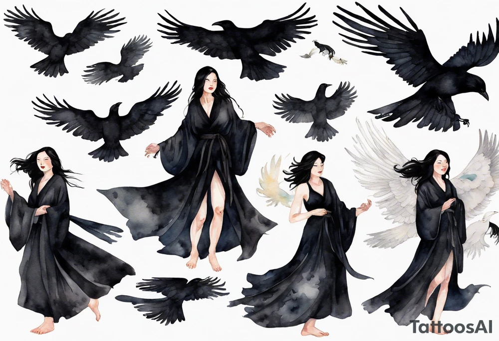 a beautiful 50 year old Dakota woman with pale skin wearing a black robe, flying in the sky with black raven wings, bare feet tattoo idea