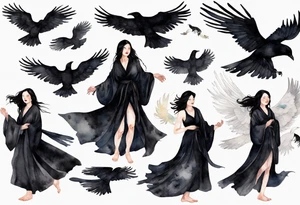 a beautiful 50 year old Dakota woman with pale skin wearing a black robe, flying in the sky with black raven wings, bare feet tattoo idea
