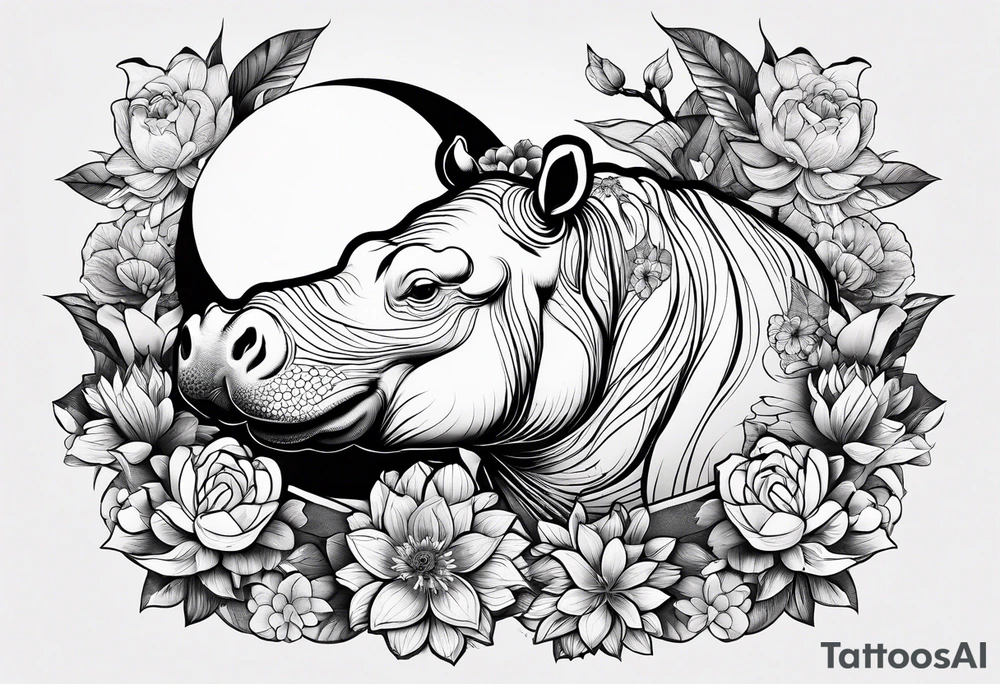 Hippo, flowers, moon, interstella,
Extreme fine lines, tribal, geometric, japanese tattoo idea