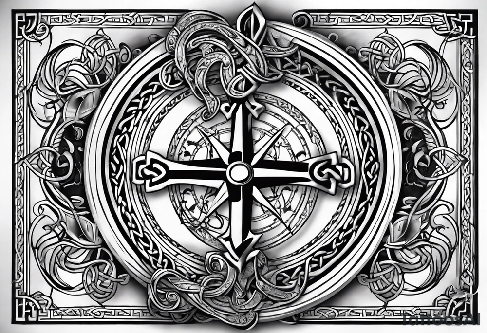 Celtic styling, anchor, compass, bass clef note, treble clef note, dog paw print, half sleeve, forearm tattoo idea