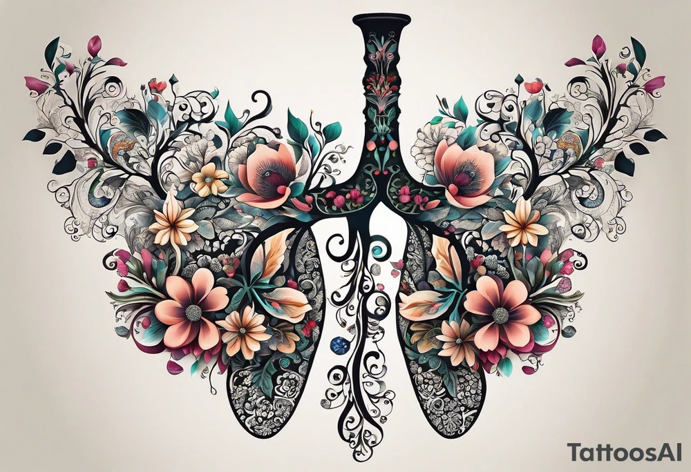 intricate and artistic arrangement of flowers and ornamental patterns that come together to form the shape of human lungs. The design should have a balance of delicacy and detail, with vibrant floral elements seamlessly intertwining to mimic the structure of the lungs, including the bronchi branching into floral motifs. Incorporate subtle shading and depth to give the tattoo a dynamic and organic feel, while maintaining elegance and symmetry tattoo idea