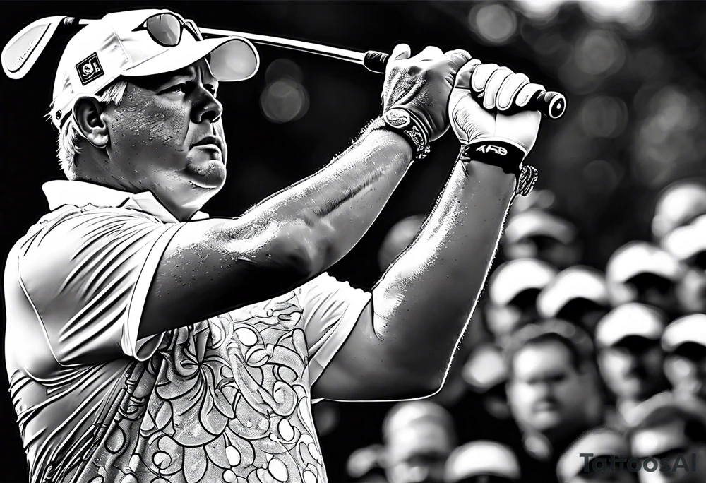 Golfer John Daly wearing the Infinity Gauntlet on one hand and holding a putter on the other hand on the 18th hole of the Masters. tattoo idea