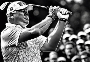 Golfer John Daly wearing the Infinity Gauntlet on one hand and holding a putter on the other hand on the 18th hole of the Masters. tattoo idea
