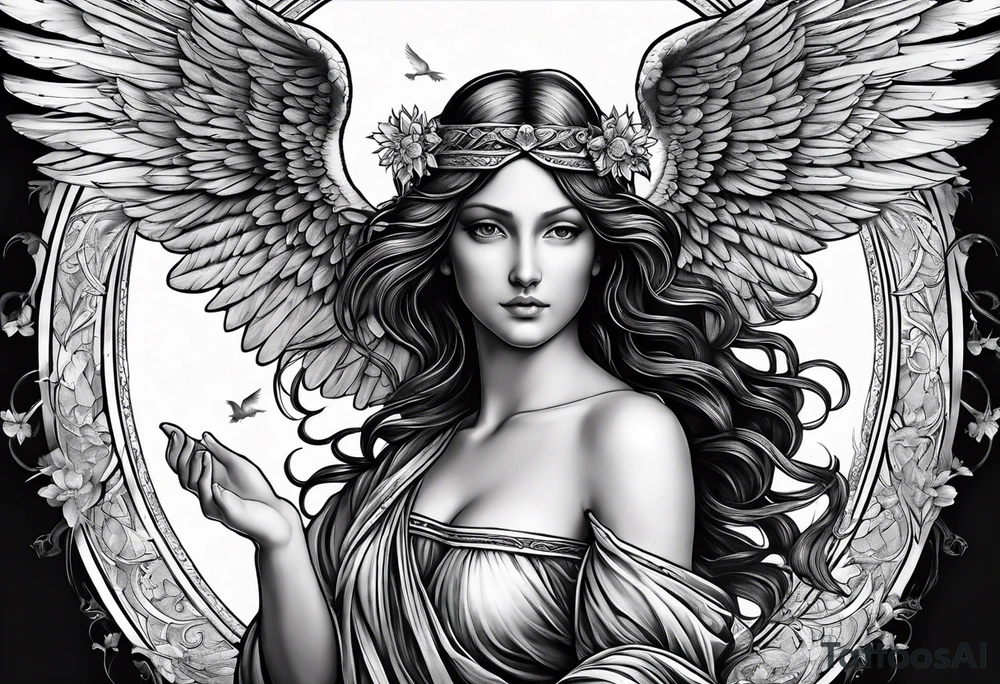 Angel with a Dove and Leonaro Da vinci Sleeve tattoo idea