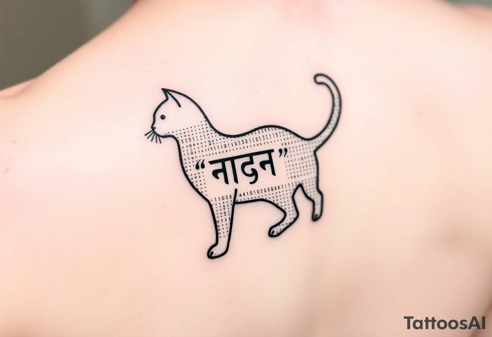 "Minimalist black tattoo of a quantum cat. Design elements:  
1. Outline made of binary code (alternating 0 and 1, crisp 1.5mm lines)  
2. Negative space inside body reveals hidden Sanskrit text ('अवलोकन न करें') when tilted  
3. Tail curves into a question mark  

Technical specs:  
- Pure black ink  
- Size: 8x5cm (forearm placement)  
- Style: geometric dotwork with optical illusion  

Philosophical hook: 'The cat only exists when unobserved'" tattoo idea