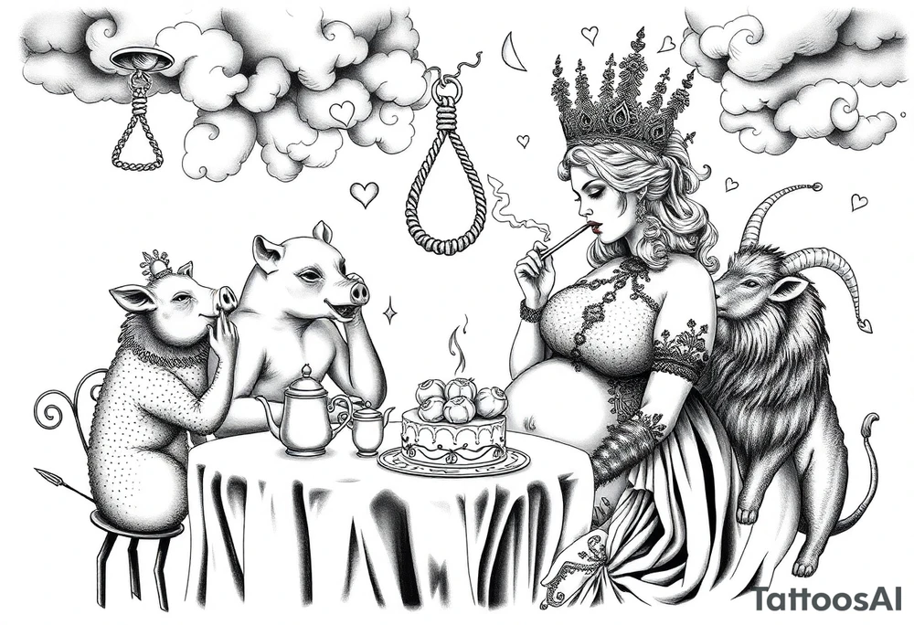 Storm clouds gothic sexy naked fat lady having a tea party with tea pots and 
with a pig, peacock, noose, lion, goat, smoking cigerettes looking in the mirror having sex with a man eating a cake thru storm clouds with razor blades and broken hearts and darkness and wrath, envy , gluttony, greed, sloth, pride kill tattoo idea