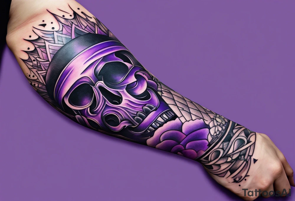 lines around wrist, abstract, black and purple, covered from wrist to forearm, fully covered, no borders, blackwork, no faces tattoo idea