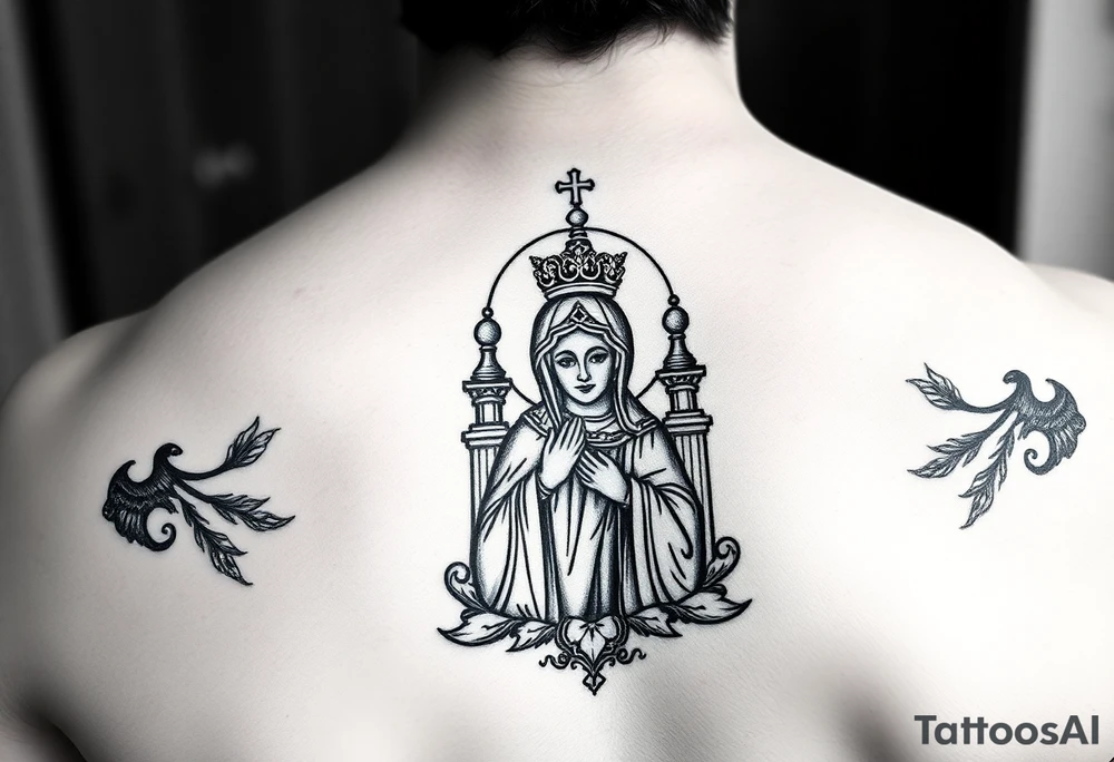 Russian church and orthodox icon realistic with madonna icon of kazan tattoo idea