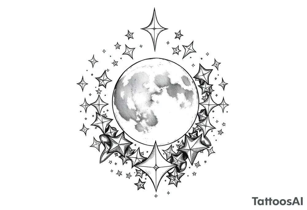 1x10^23 surrounded by cascade of stars and moon tattoo idea