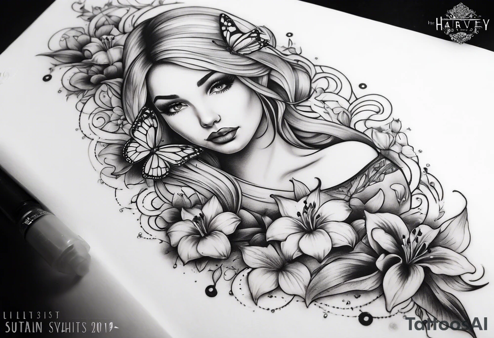 Harvey Ruby lillies flowers butterflies stars fantasy books forearm half sleeve tattoo idea