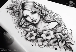 Harvey Ruby lillies flowers butterflies stars fantasy books forearm half sleeve tattoo idea