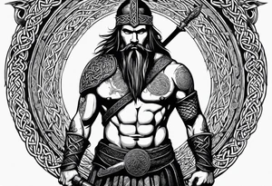 Full body side profile shot of a Celtic warrior with weapons, facing from left to right tattoo idea