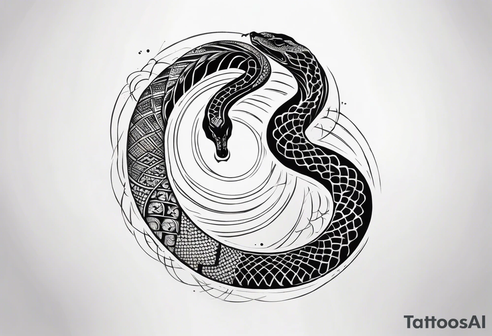 Snake tattoo for placement along the spine in japanese style to symbolise a journey of healing and transformation with reference to ying yang tattoo idea