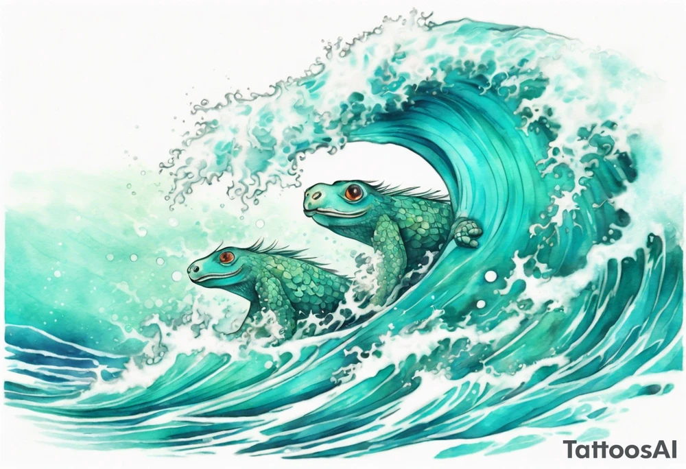a beautiful turquoise kappa emerging from an ocean wave, crashing onto the shore tattoo idea
