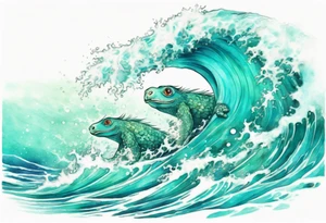 a beautiful turquoise kappa emerging from an ocean wave, crashing onto the shore tattoo idea