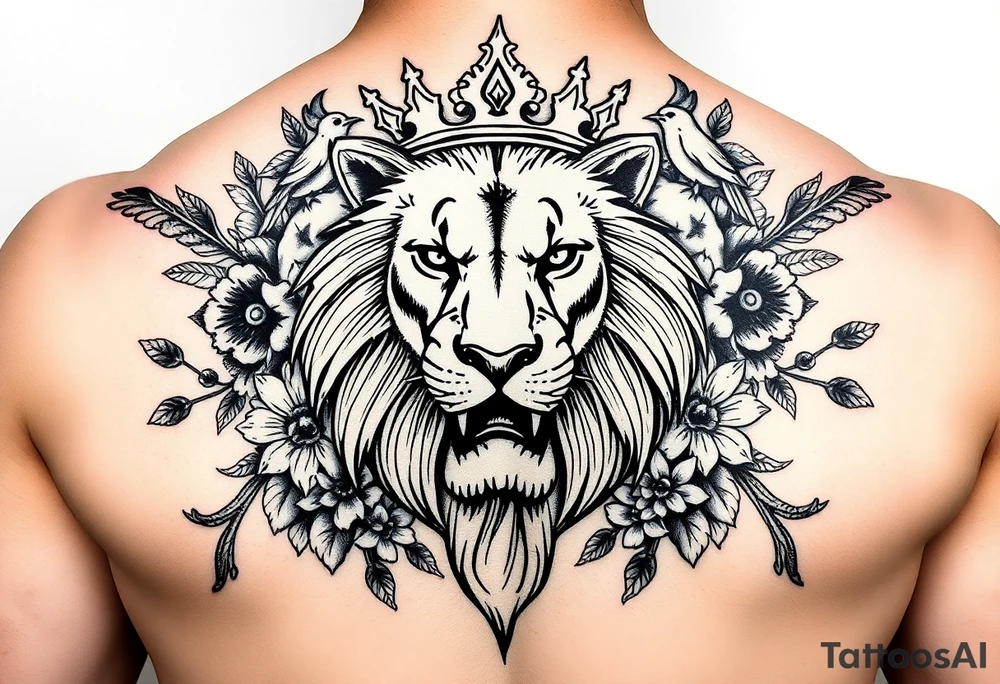powerful majestic lion with a crown, surrounded by floral ornaments and birds tattoo idea