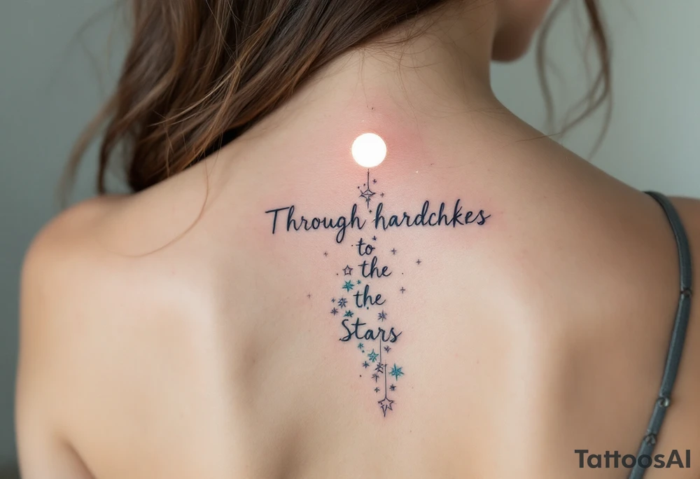 Flowing in teal ink across the spine, “Through hardships to the stars” is crowned with a glowing white moon. tattoo idea