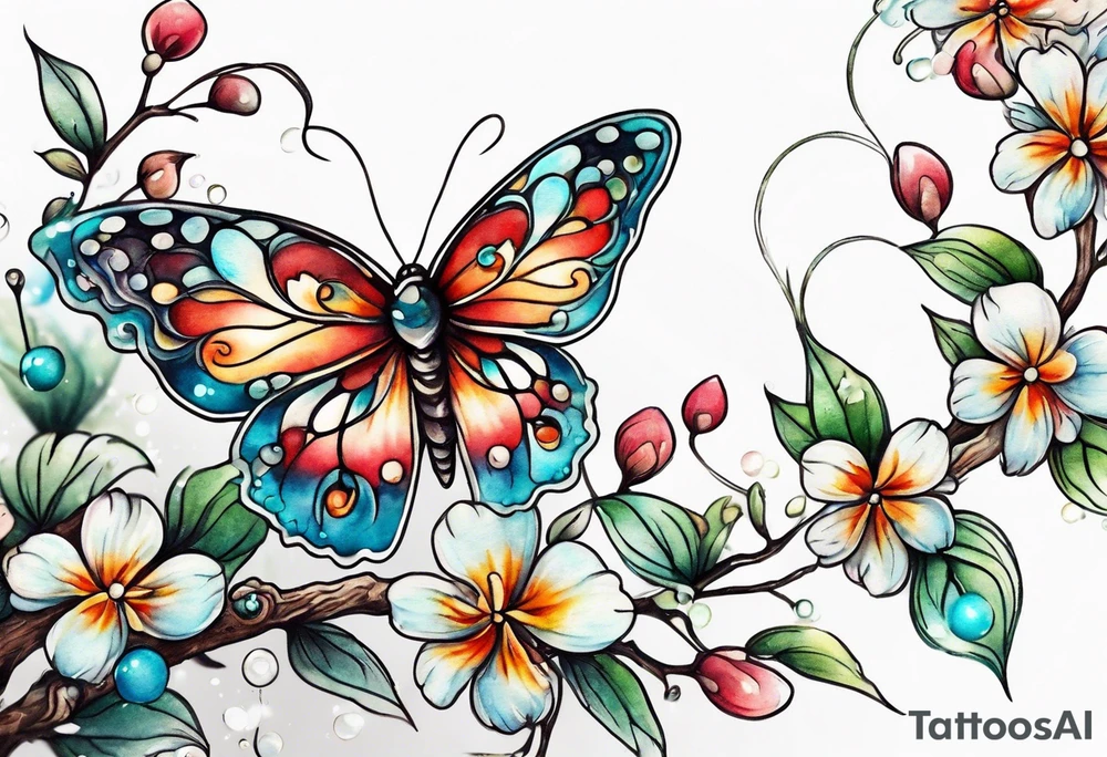 Winding branches and leaves and tiny flowers with a small moth and bubbles tattoo idea