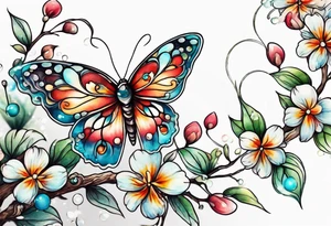 Winding branches and leaves and tiny flowers with a small moth and bubbles tattoo idea