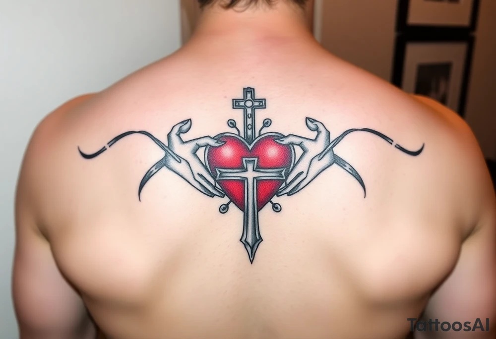 claddagh with a red heart intertwined with a celtic cross tattoo idea
