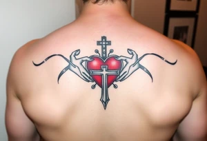 claddagh with a red heart intertwined with a celtic cross tattoo idea