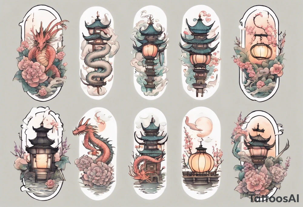 spirited away, chihiro, soot sprites, haku dragon, pastel, flowers, chinese lanterns, manga, neotraditional style tattoo forearm tattoo idea