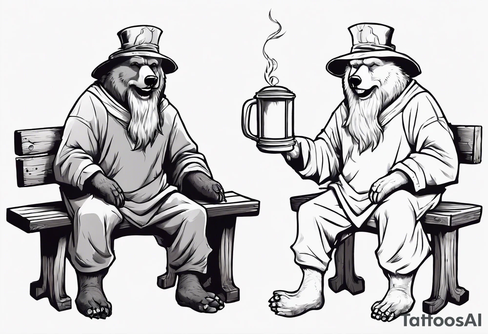 a medieval bear-human hybrid with a long grey beard wearing a tunic and a floppy hat sitting on a bench by a fireplace drinking from a wood cup, smiling tattoo idea