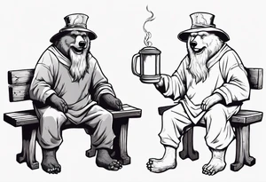 a medieval bear-human hybrid with a long grey beard wearing a tunic and a floppy hat sitting on a bench by a fireplace drinking from a wood cup, smiling tattoo idea