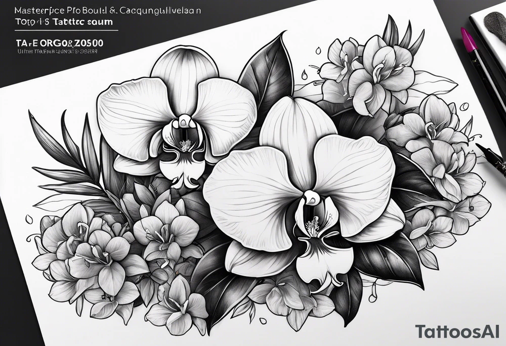 Orquídea e Bougainvillea e cachorro sentado de costas tattoo idea