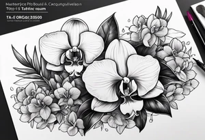 Orquídea e Bougainvillea e cachorro sentado de costas tattoo idea