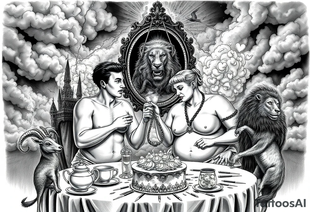 Mystical Naked Man and woman eating cake  having sex Storm lightening clouds gothic sexy naked fat lady having a tea party with tea pot and medieval castle explosions
with a piggy, peacock, noose, lion, goat, smoking cigerettes looking in the mirror thru storm clouds with razor blades and broken hearts and darkness and wrath, envy , gluttony, greed, sloth, pride kill tattoo idea
